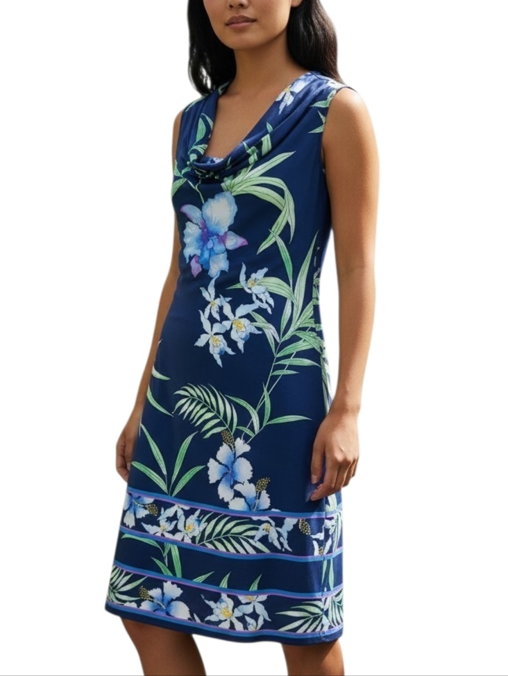 Tommy Bahama Navy Tropical Floral Sleeveless Cowl Neck Shift Dress Sz SP